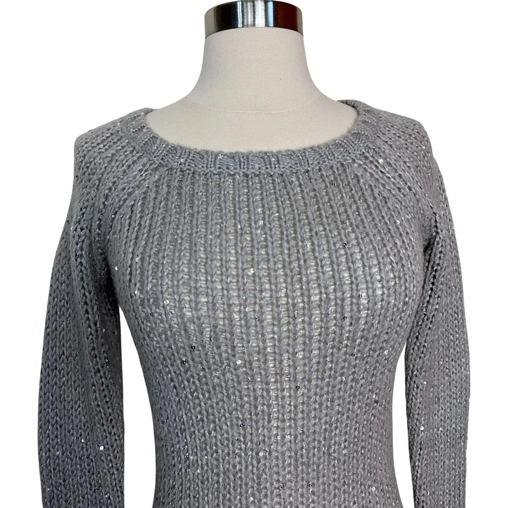 Harley Davidson Sequined Gray Open Knit Scoop Neck Embroidered Silver Sweater XS